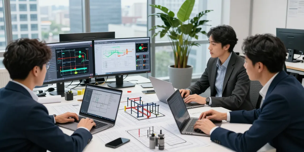 Piping Stress Analysis Canada team collaborating on engineering project with blueprints and technology in modern office.