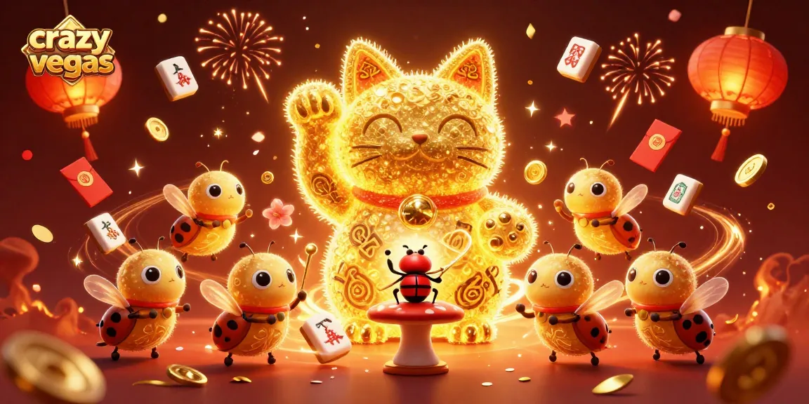 Experience thrilling action at crazyvegas with golden fireflies, lucky cat symbols, and fireworks.